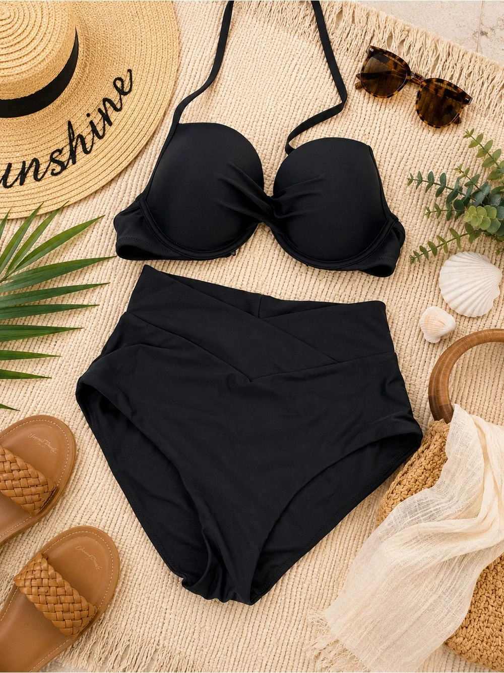 Aerie Black High Waisted Bikini Set Push-Up Underwire Top 36C Bottoms Medium